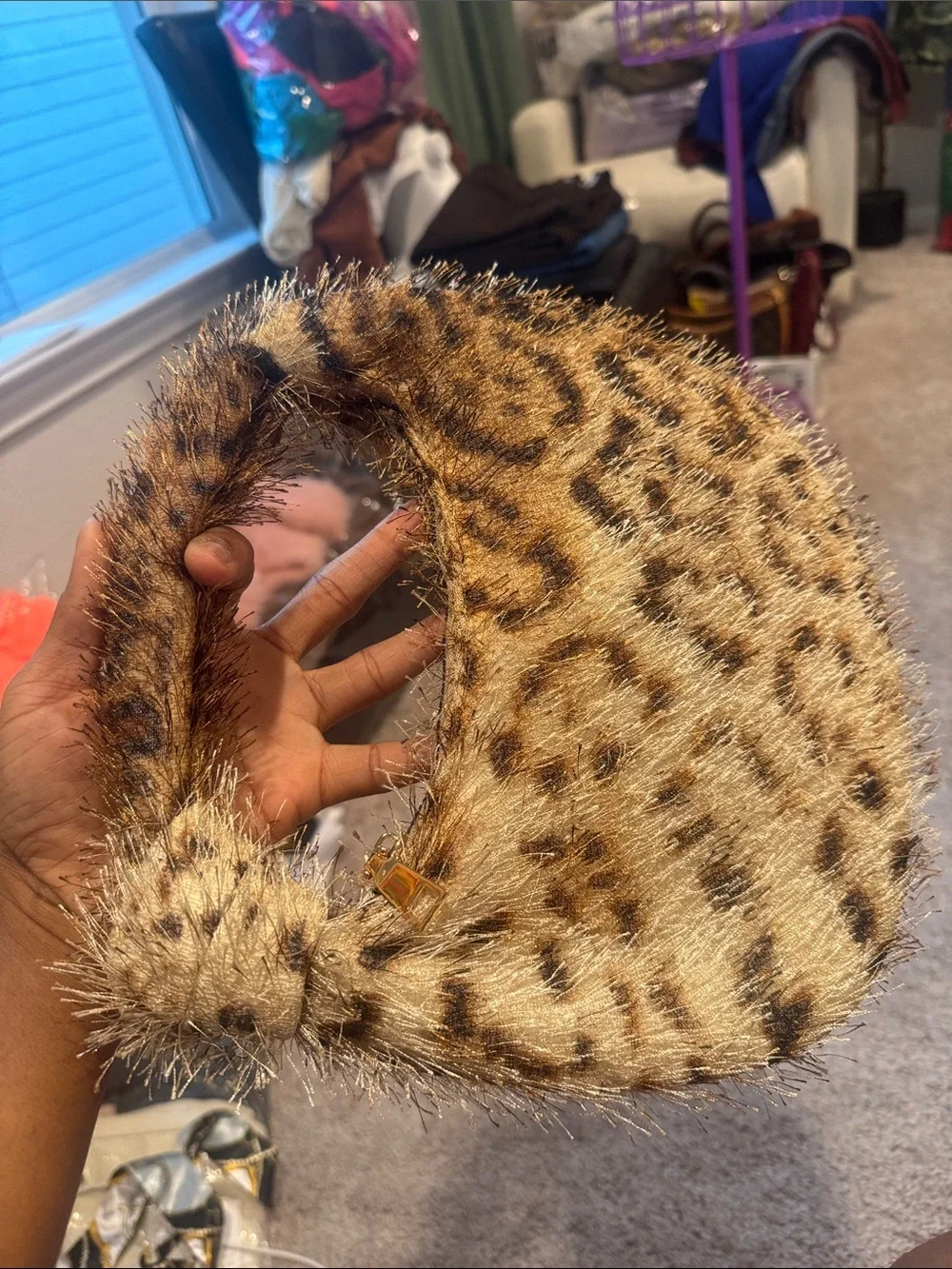 Leopard-Print Plush Purse Brown/Tan